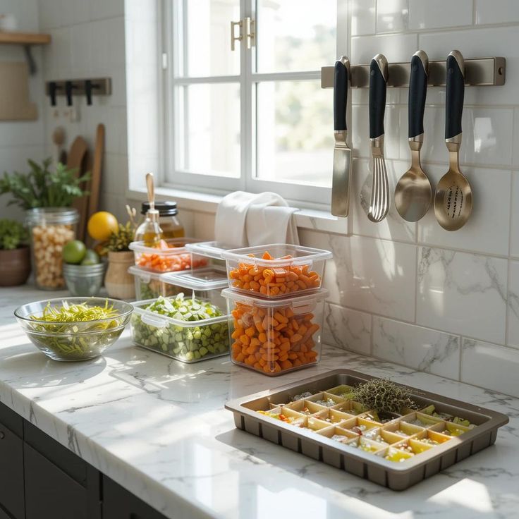 Kitchen prep station with chopped vegetables, measured ingredients, and cooking utensils arranged for batch preparation